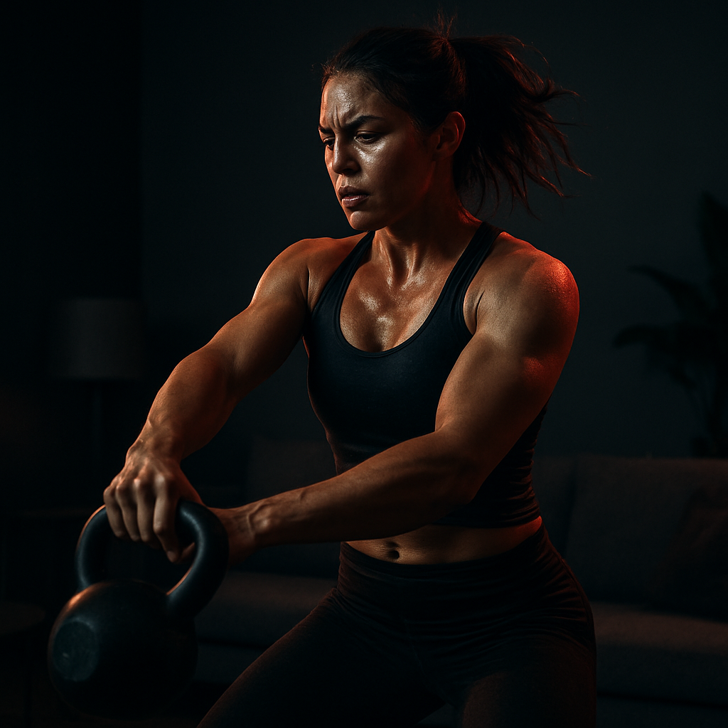Mujer entrenando con kettlebell en casa
