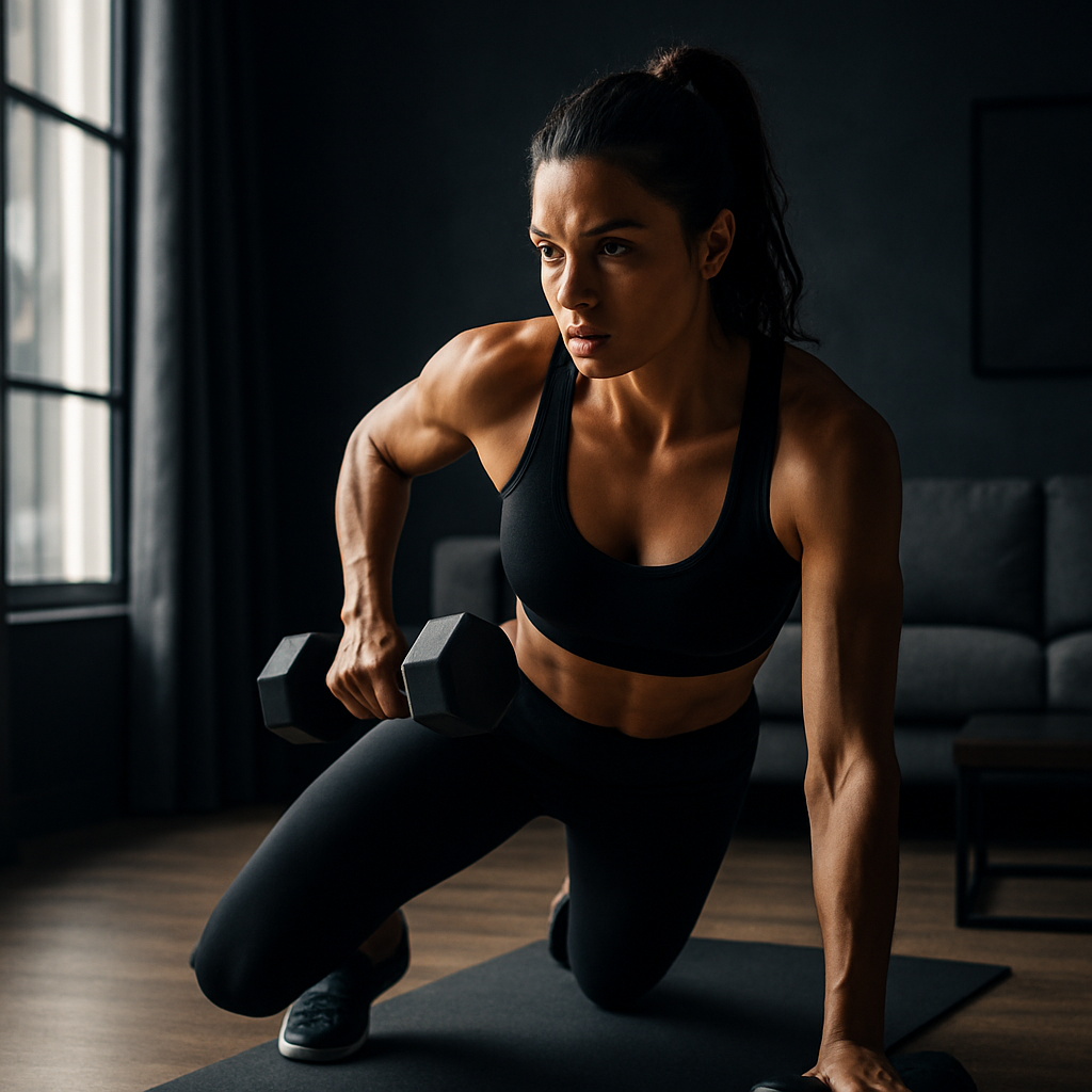 Persona entrenando con mancuernas en casa